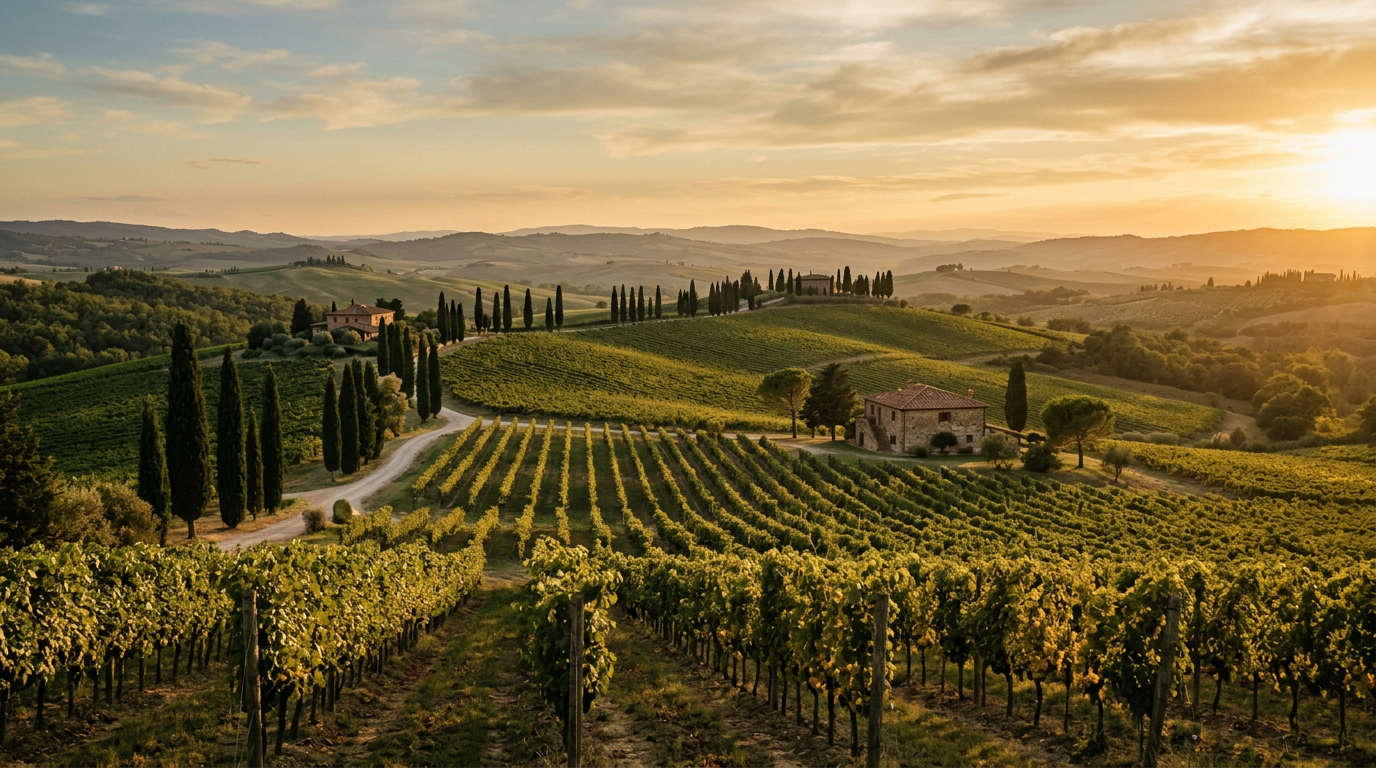A couple clinking wine glasses with a panoramic view of the rolling Tuscan hills at sunset.